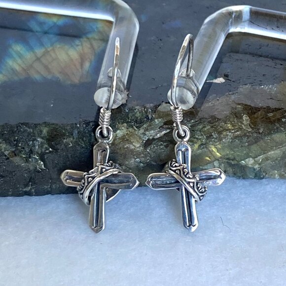 Sterling Silver 925 Petite Dainty Cross & Crown Dangle Drop Earrings - Picture 12 of 16